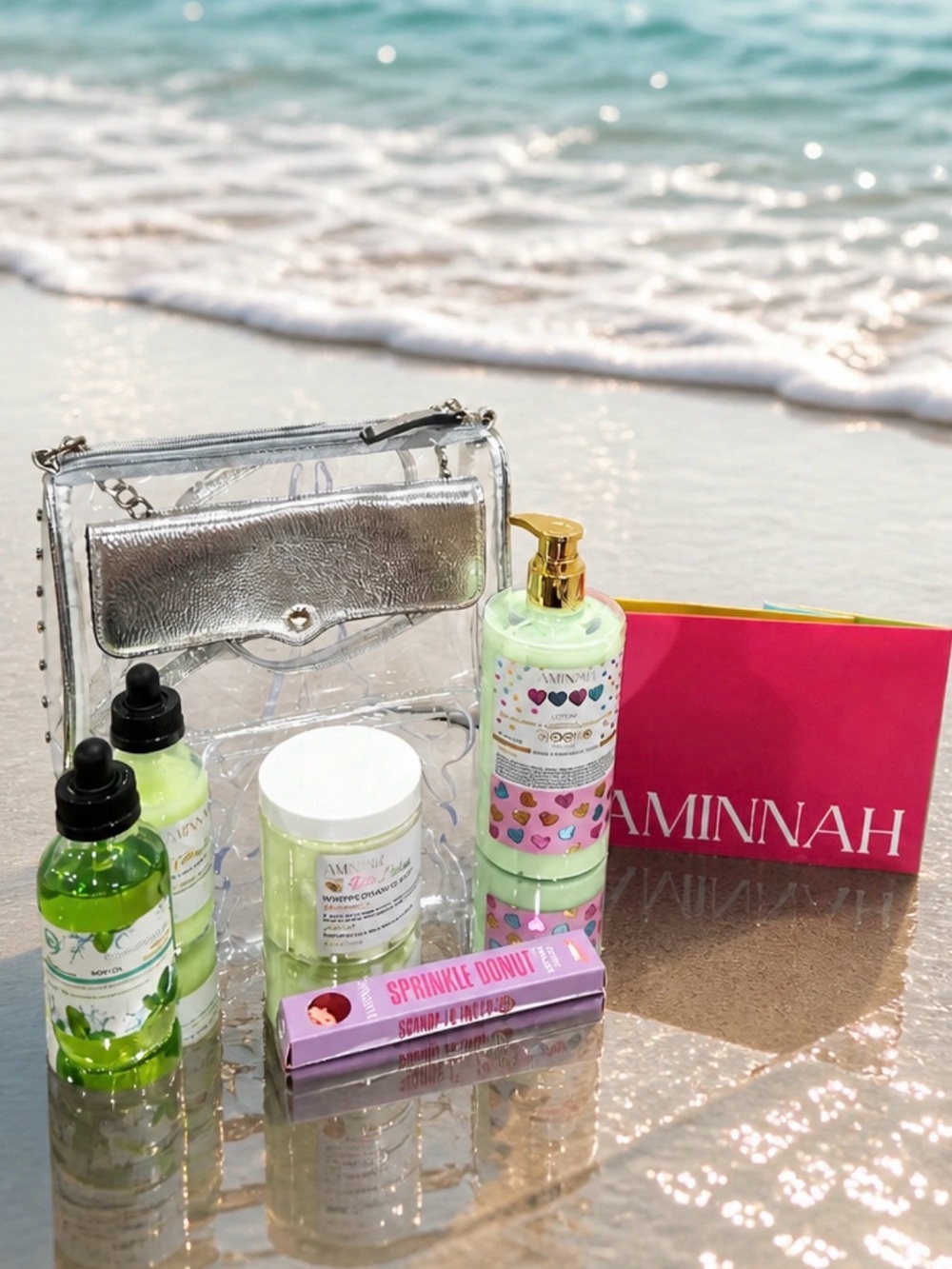 AMINNAH Skincare Set in Pastel Green with Silver Clear Tote spa bundle NWT